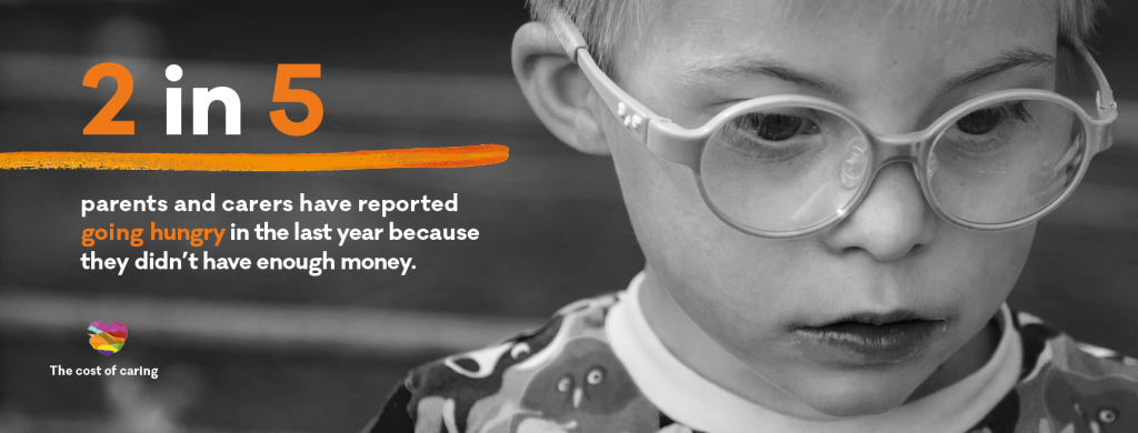 black and white photo of a child with an overlay reading 2 in 5 parents are going hungry because they didn't have enough money