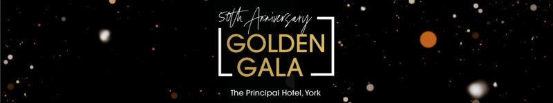Family Fund's 50th Anniversary Golden Gala on a black background with gold glitter