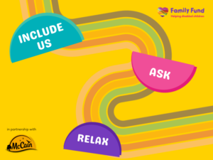 A yellow background with colour stripes and colours semi circles that say 'Include us', 'ask' and 'relax'.