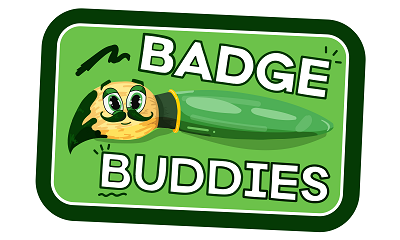 Green design with a cartoon pencil and the text 'badge buddies'