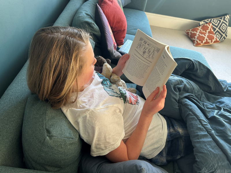 Teen boy sits on sofa reading