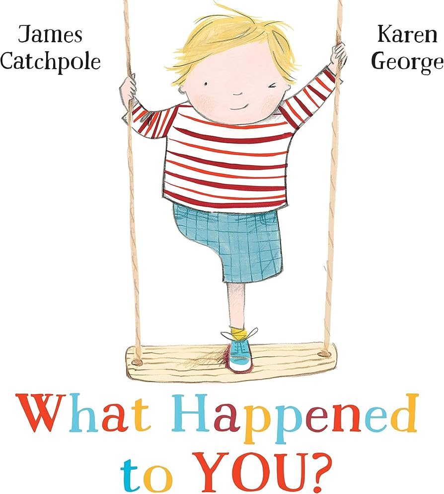 Book cover - What Happened to You? Showing illustration of a boy with a limb difference on a swing.