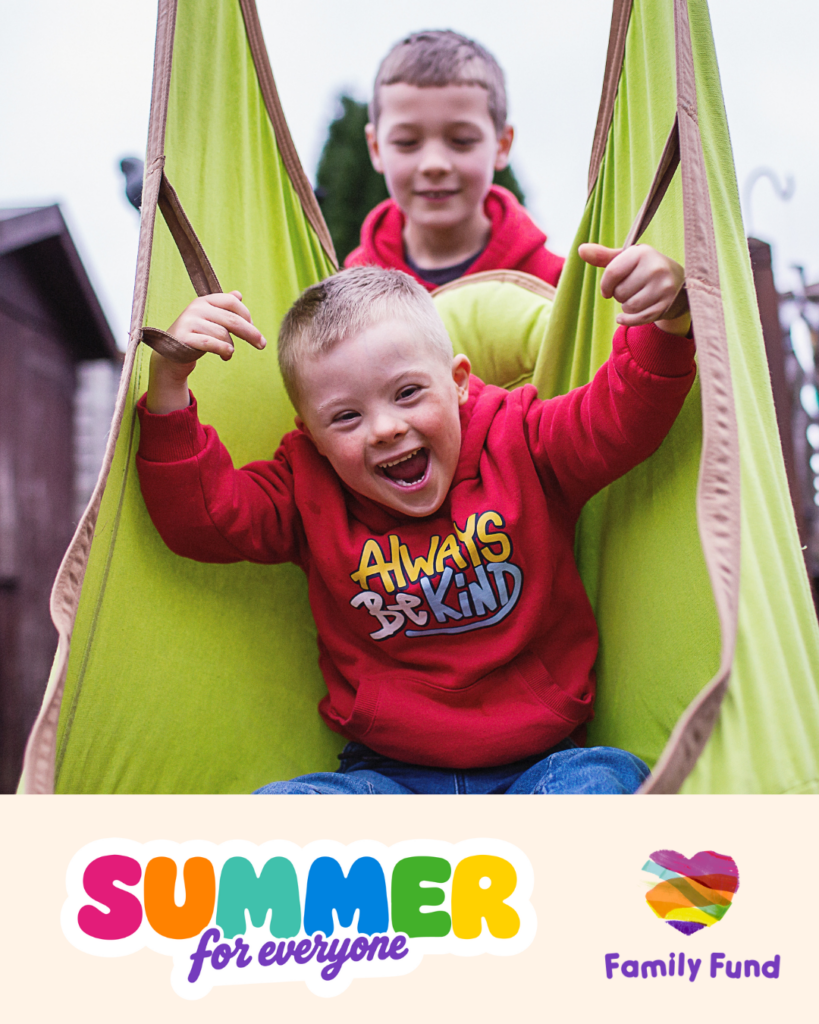 Two brothers play on a swing in the garden. A banner at the bottom has two logos that say Summer for everyone and Family Fund.