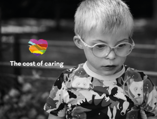 Black and white photo of a little boy looking down. Over the photo is a Family Fund heart logo and text 'The cost of caring'